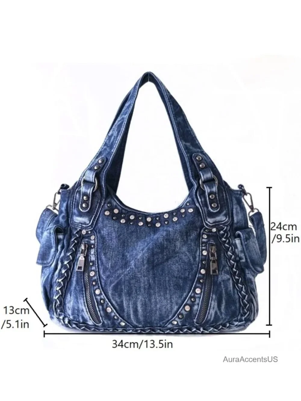 Vintage Denim Weave Rivet Tote Bag Crossbody Shoulder Bag